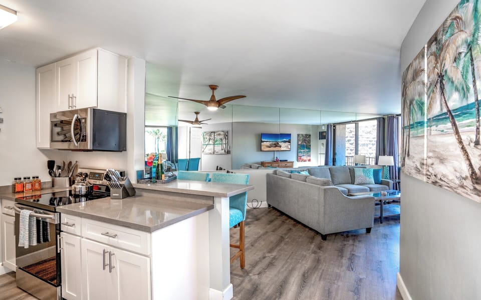 Luxury Condo | Private kitchen | Full-size fridge, microwave, oven, stovetop