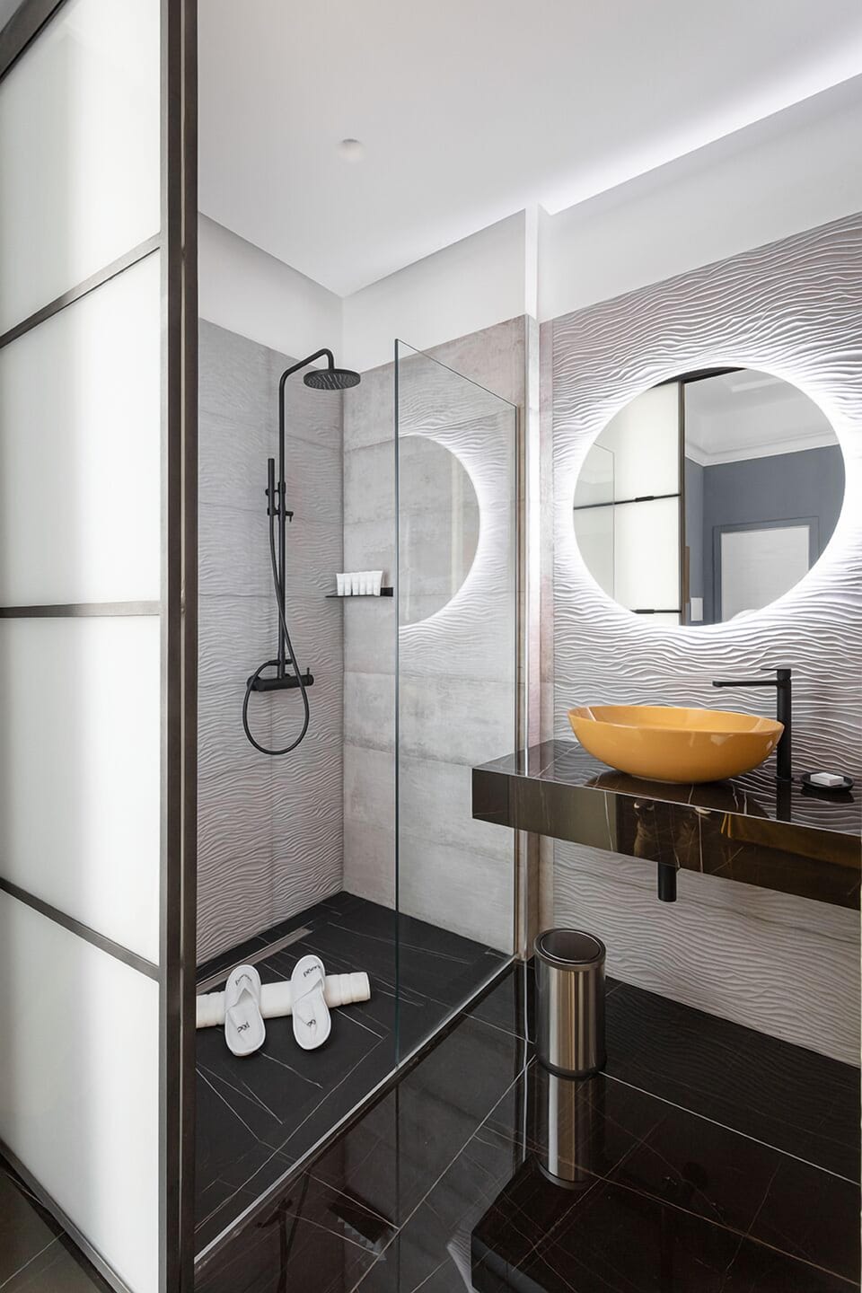 Shower, rainfall showerhead, hair dryer, bathrobes