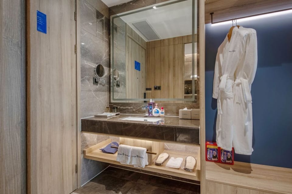 Deluxe Room with 1 King Bed | Bathroom | Hair dryer, bathrobes, slippers, towels