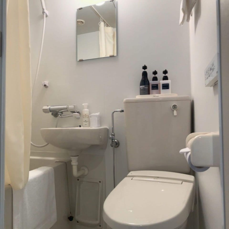 Combined shower/tub, rainfall showerhead, free toiletries, hair dryer