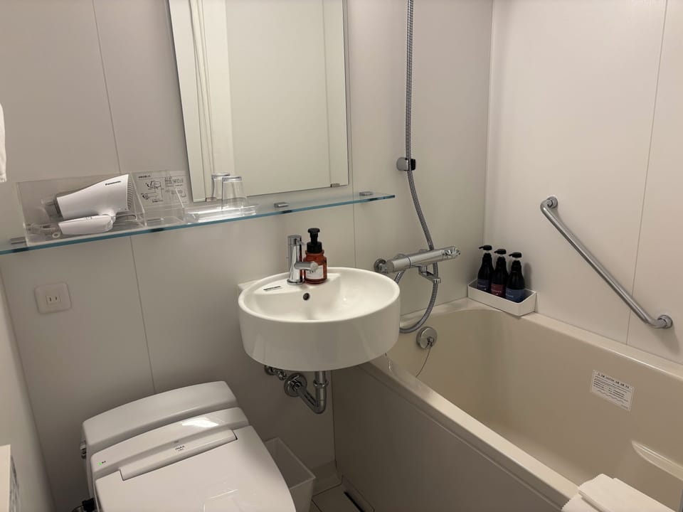Combined shower/tub, free toiletries, hair dryer, slippers