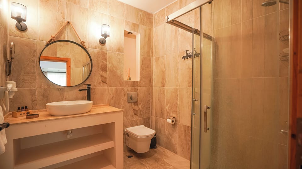 Shower, free toiletries, hair dryer, slippers