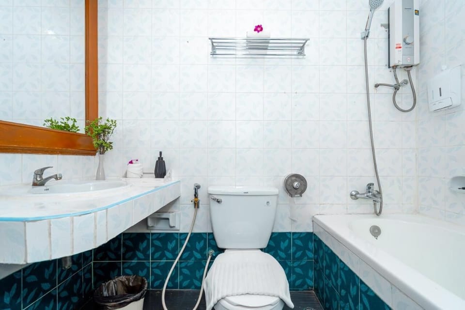Combined shower/tub, towels, soap, shampoo