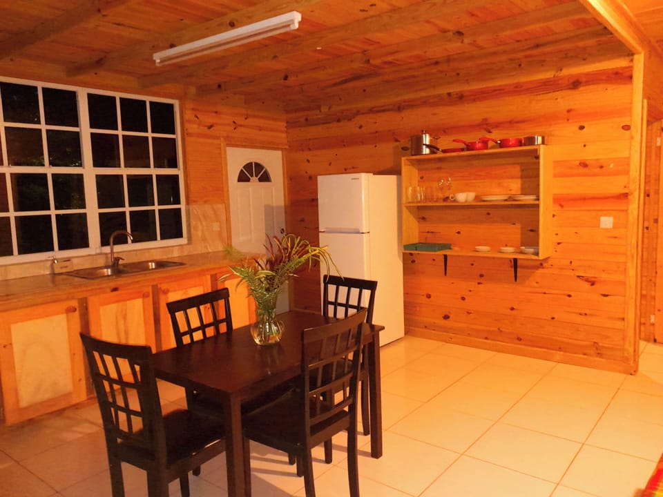 Basic Cottage | Private kitchen | Fridge, oven, cookware/dishes/utensils, dining tables
