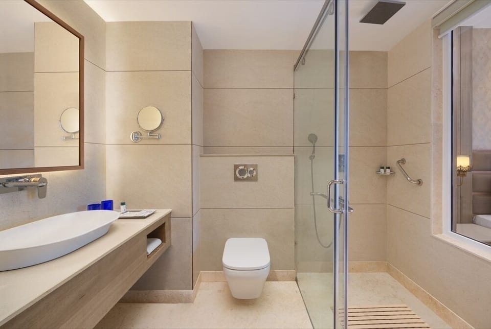Shower, free toiletries, hair dryer, towels
