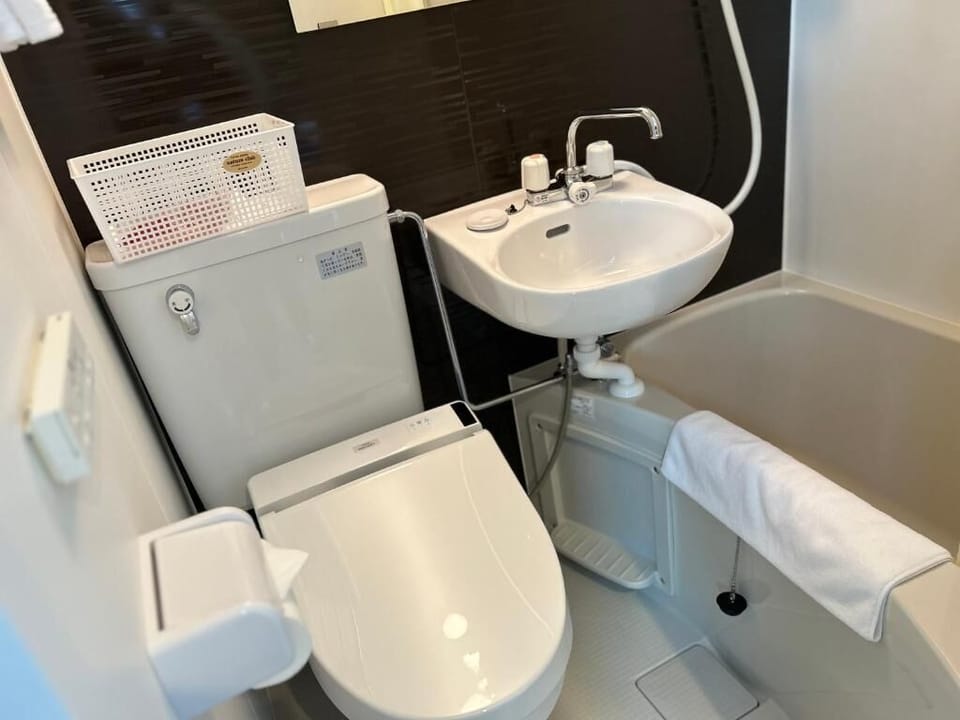 Combined shower/tub, rainfall showerhead, free toiletries, hair dryer