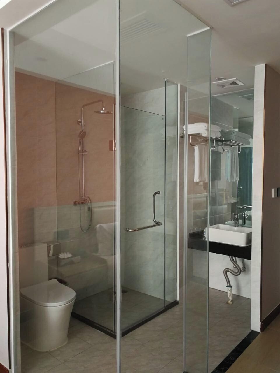 Shower, rainfall showerhead, hair dryer, slippers
