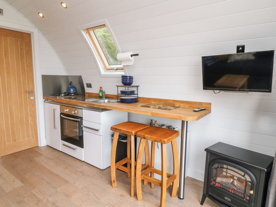 Fridge, electric kettle, cookware/dishes/utensils