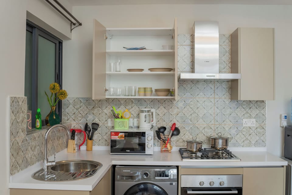 Fridge, microwave, oven, electric kettle