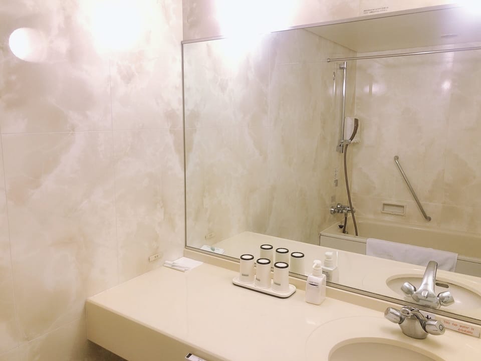 Combined shower/tub, free toiletries, hair dryer, slippers