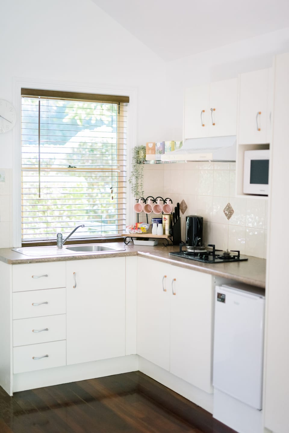 Fridge, microwave, stovetop, electric kettle