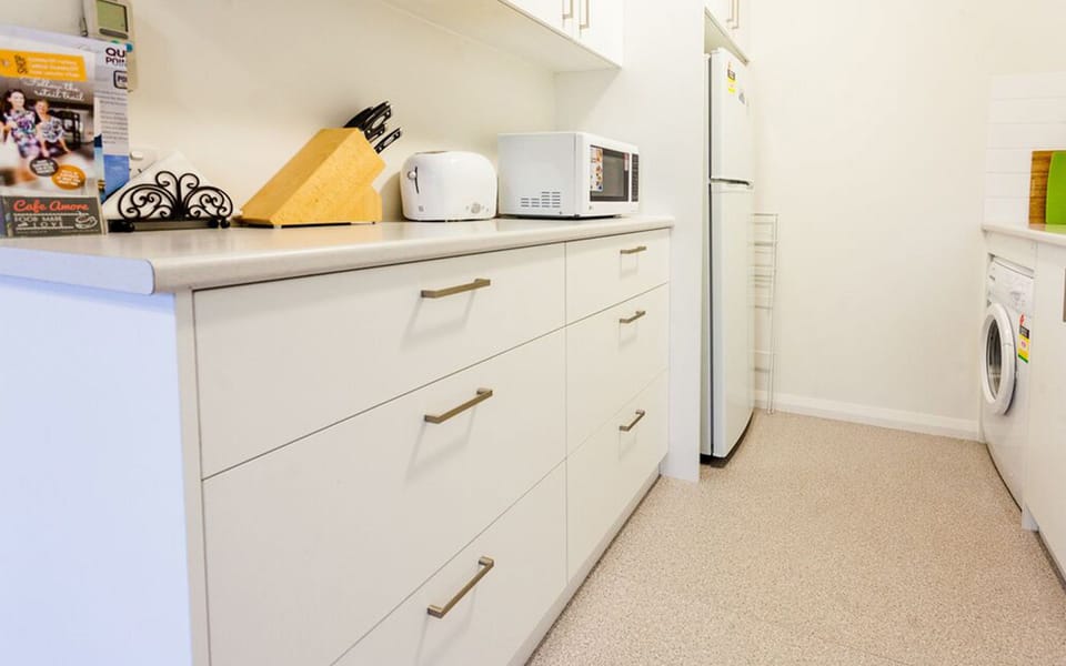 Full-size fridge, microwave, stovetop, dishwasher