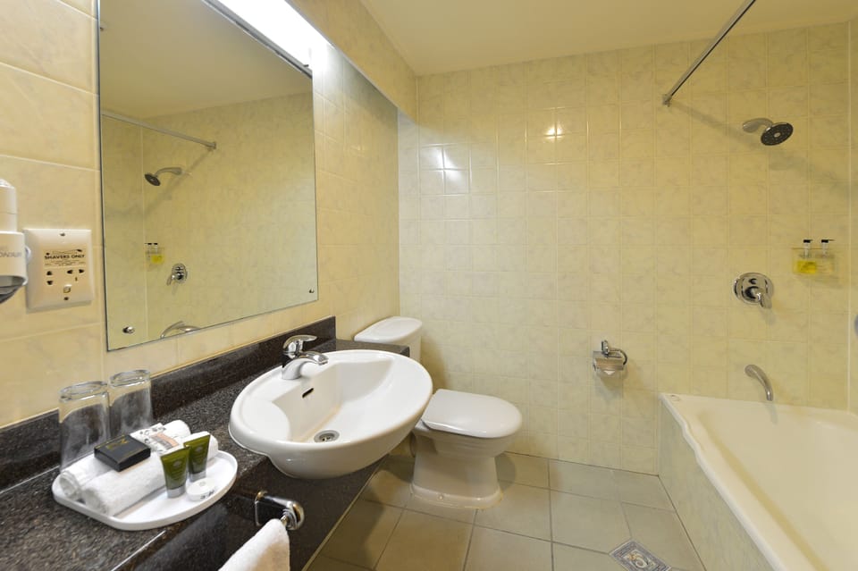 Combined shower/tub, free toiletries, hair dryer, towels