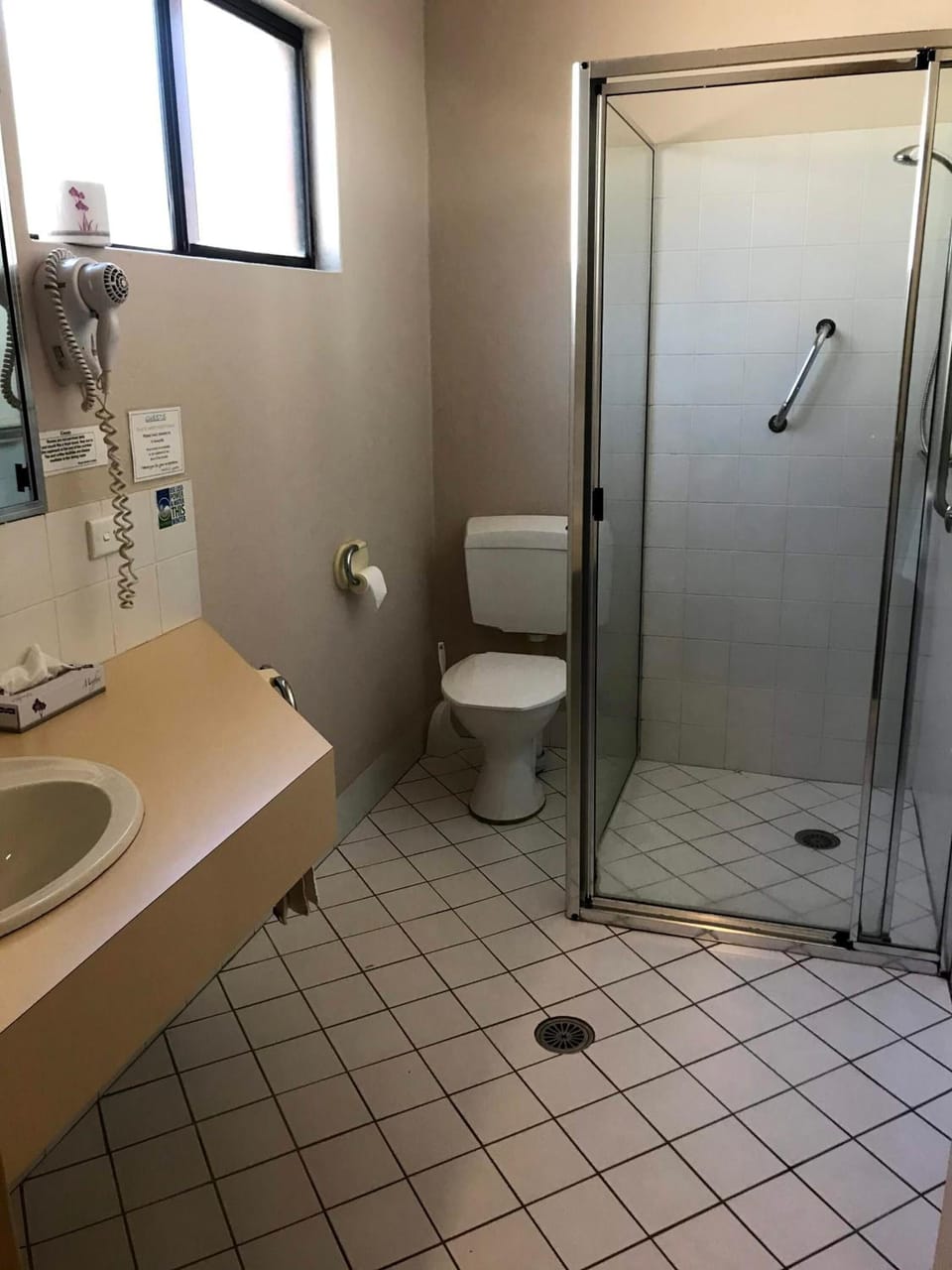 Shower, hair dryer, towels