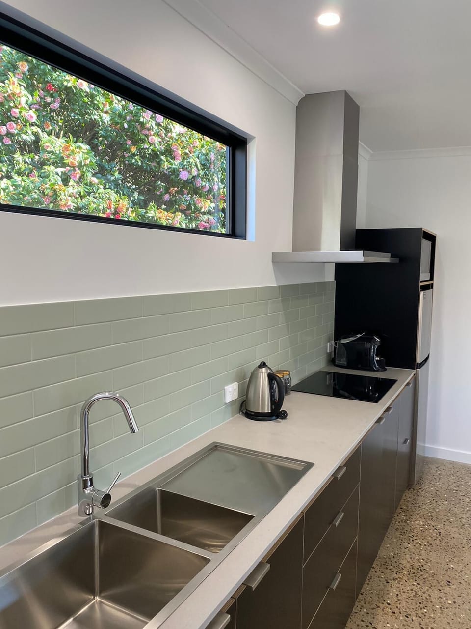 Full-size fridge, microwave, stovetop, espresso maker