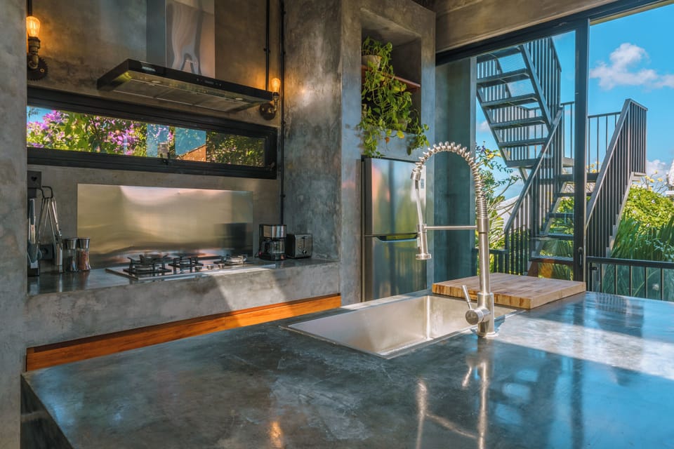 Fridge, microwave, stovetop, blender