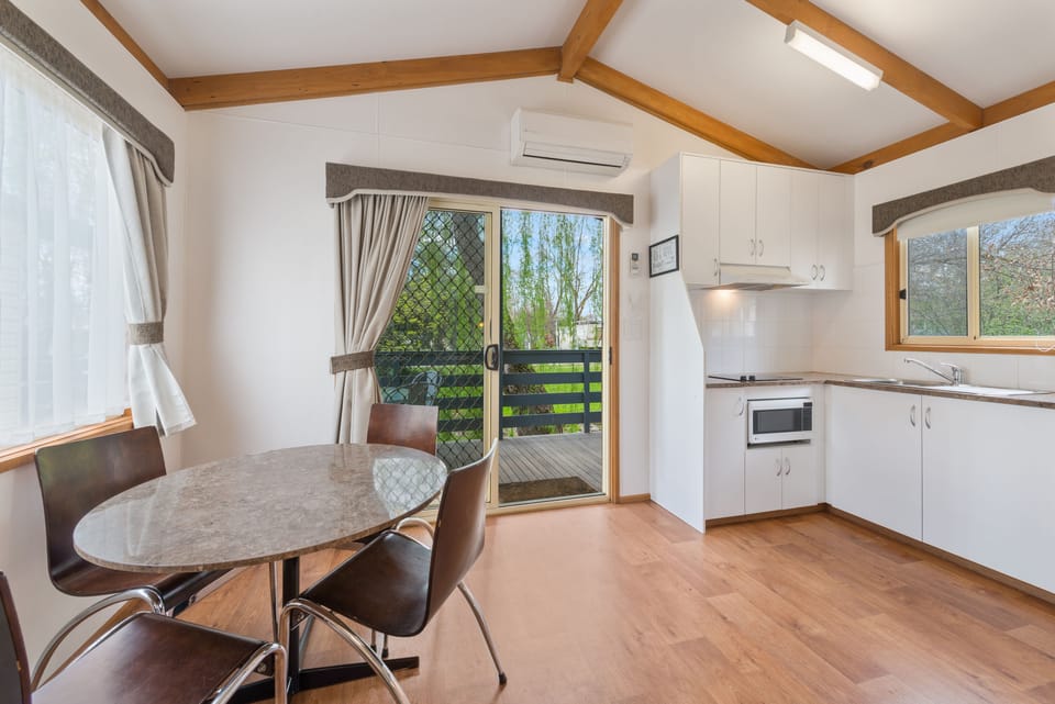 Full-size fridge, microwave, stovetop, electric kettle