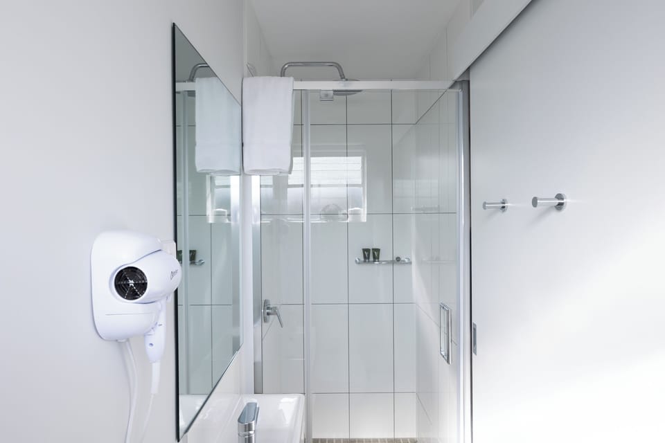 Shower, free toiletries, hair dryer, towels