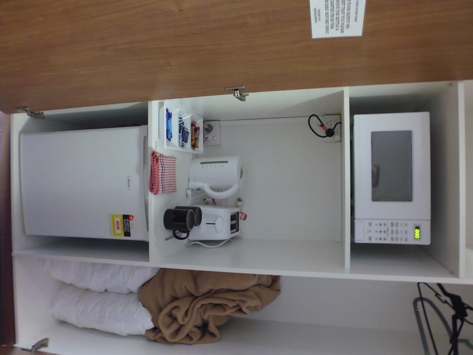 Fridge, microwave, coffee/tea maker, electric kettle
