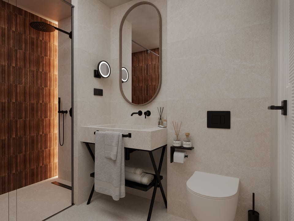 Combined shower/tub, free toiletries, hair dryer, bathrobes