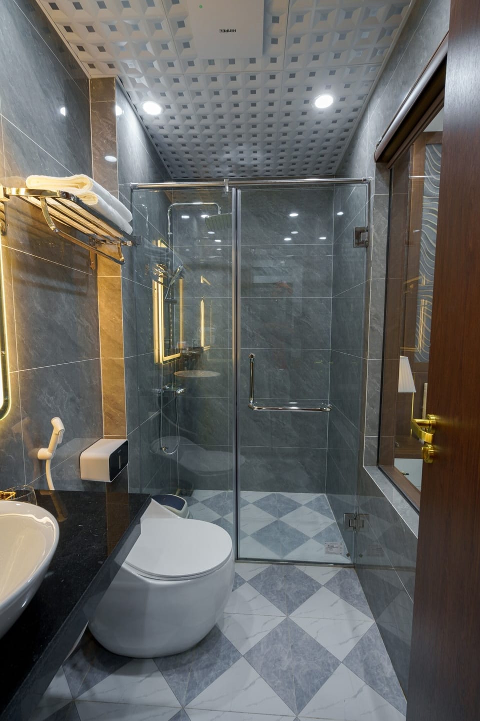 Shower, hydromassage showerhead, hair dryer, bathrobes