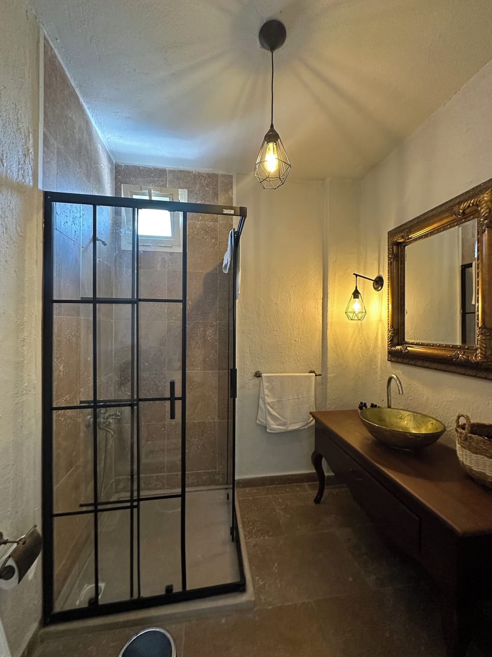 Shower, rainfall showerhead, hair dryer, slippers
