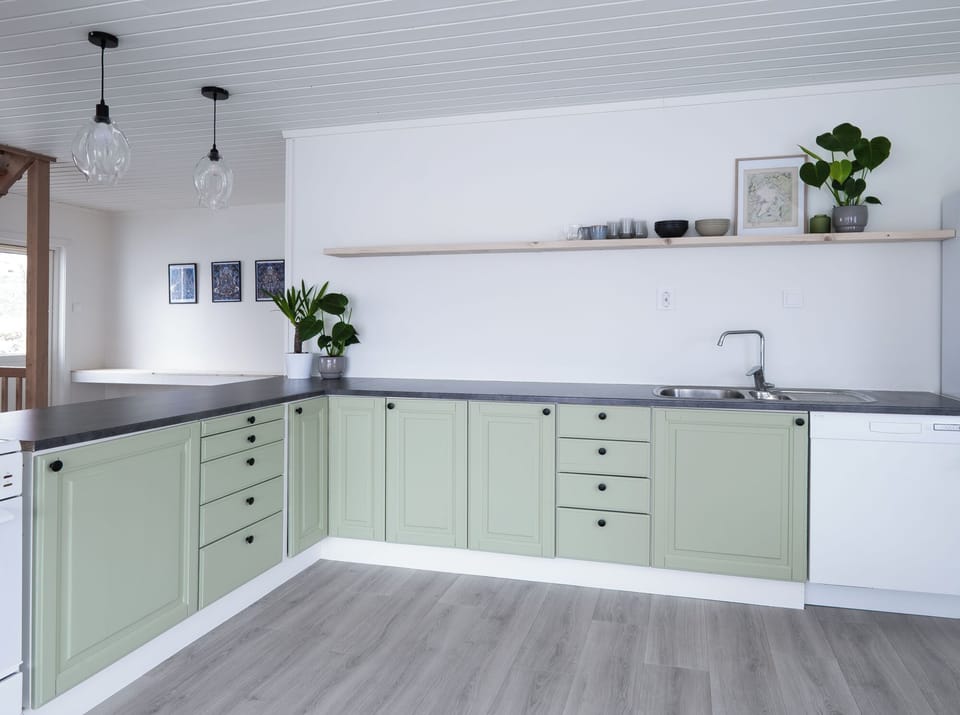 Full-size fridge, oven, stovetop, dishwasher