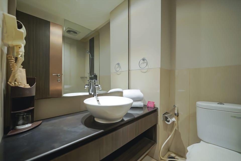 Shower, free toiletries, hair dryer, slippers