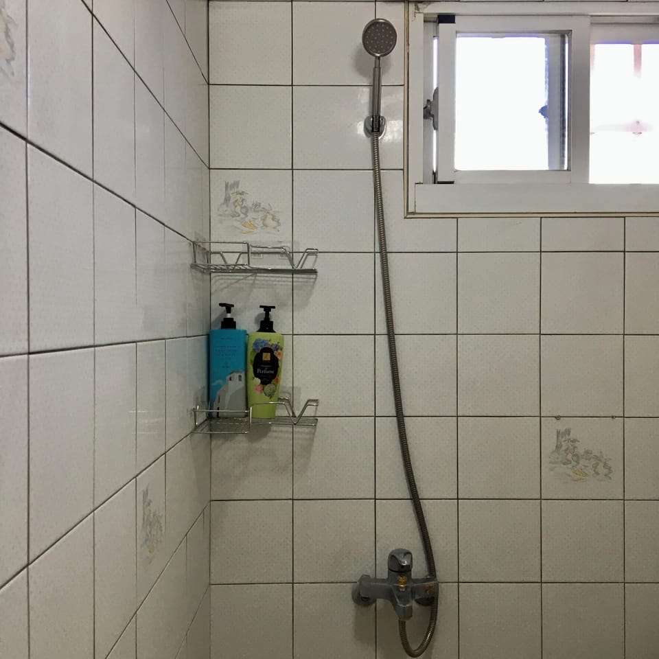 Shower, hair dryer, slippers, shampoo