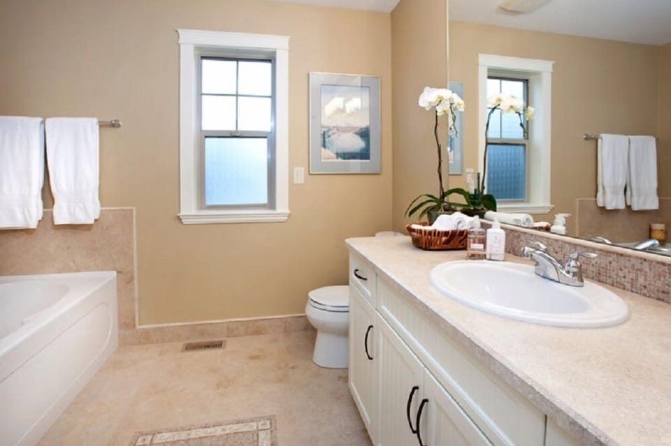 Combined shower/tub, deep soaking tub, free toiletries, hair dryer