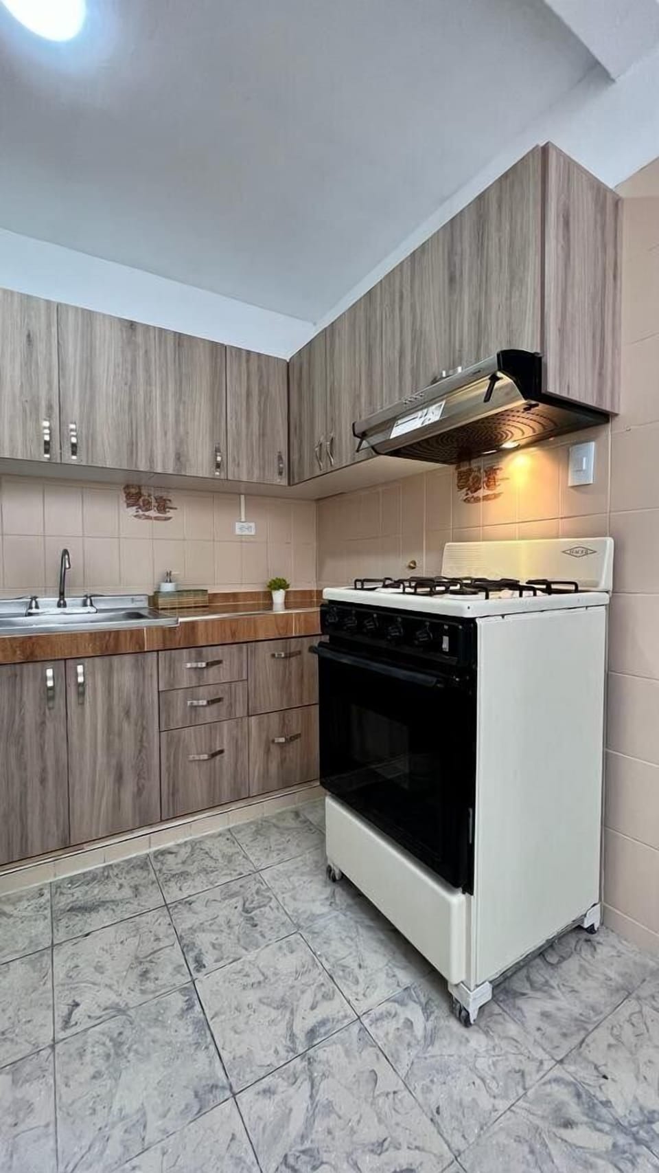 Full-size fridge, oven, blender, cookware/dishes/utensils
