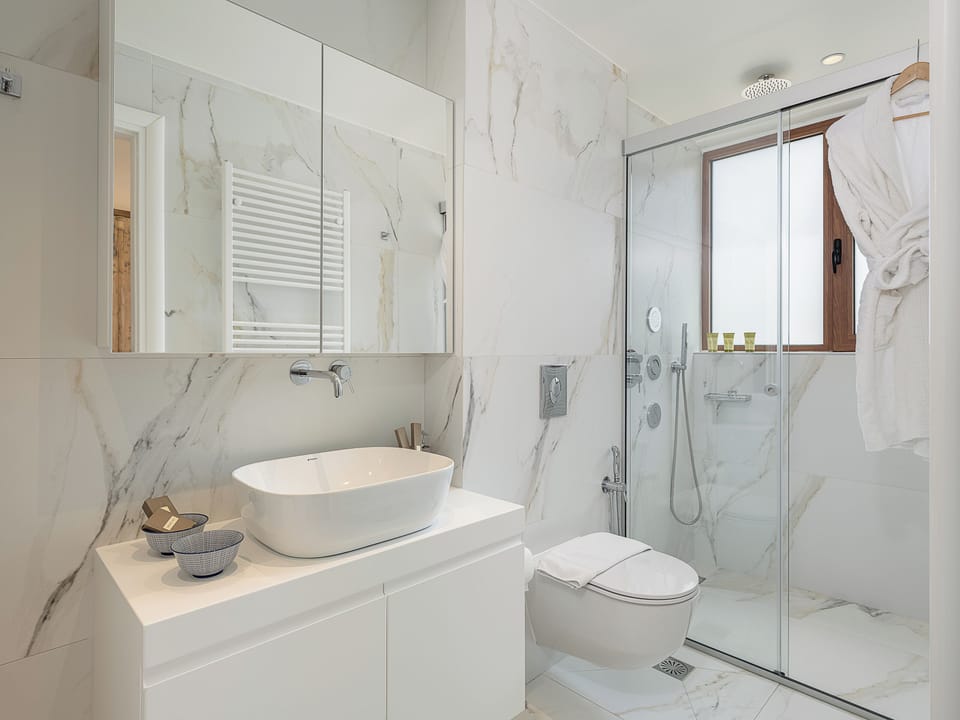 Deluxe Apartment | Bathroom | Shower, hydromassage showerhead, free toiletries, hair dryer