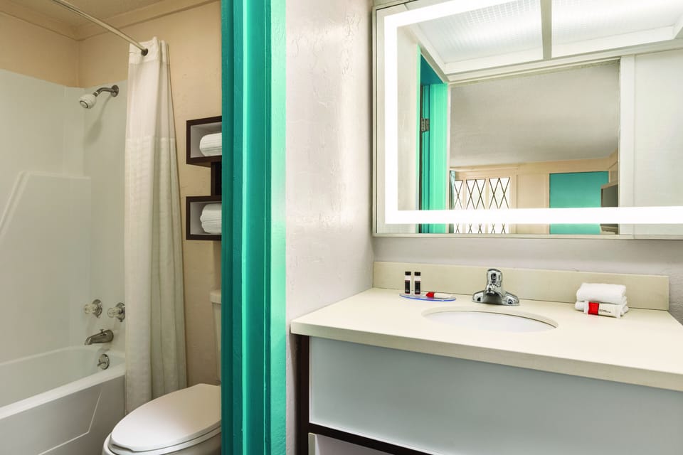 Room, 1 Queen Bed | Bathroom | Combined shower/tub, towels, soap, shampoo