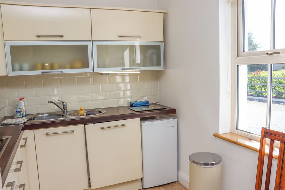 Fridge, electric kettle, toaster, cookware/dishes/utensils