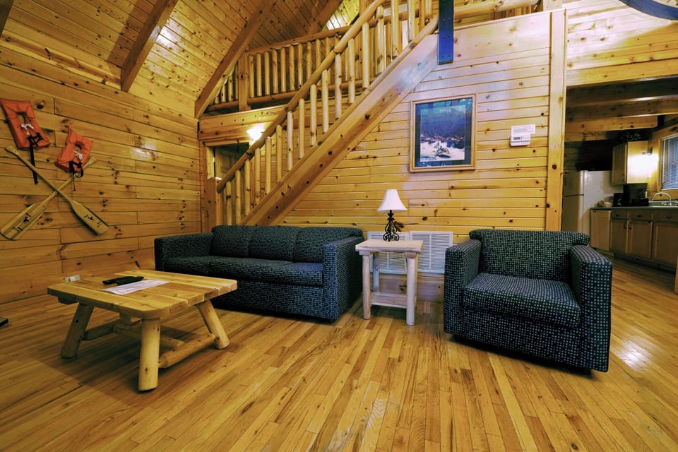 Family Cabin, 2 Bedrooms | Living area | 55-inch Smart TV with cable channels, fireplace