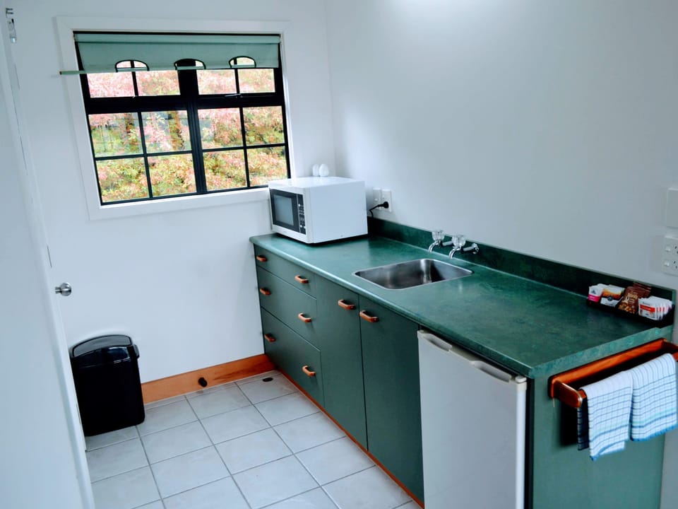 Fridge, microwave, electric kettle, toaster