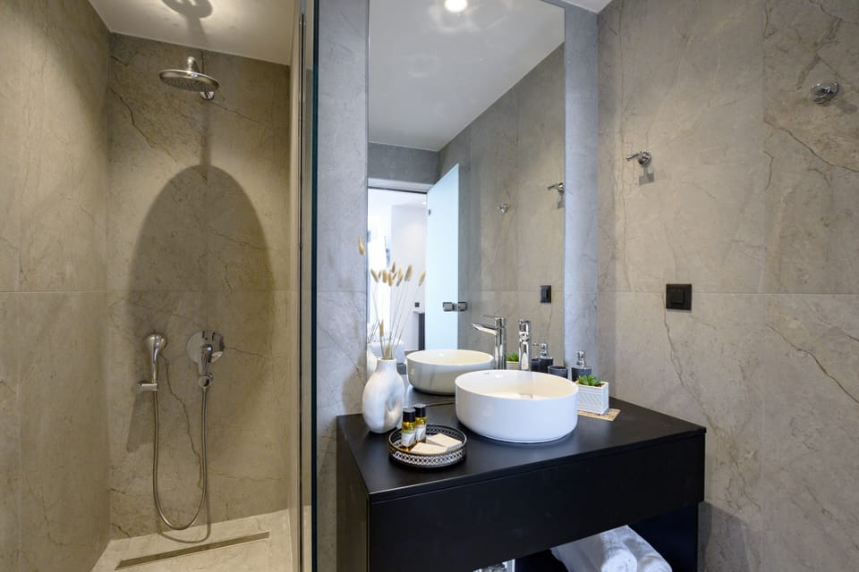 Rainfall showerhead, hair dryer, towels, soap