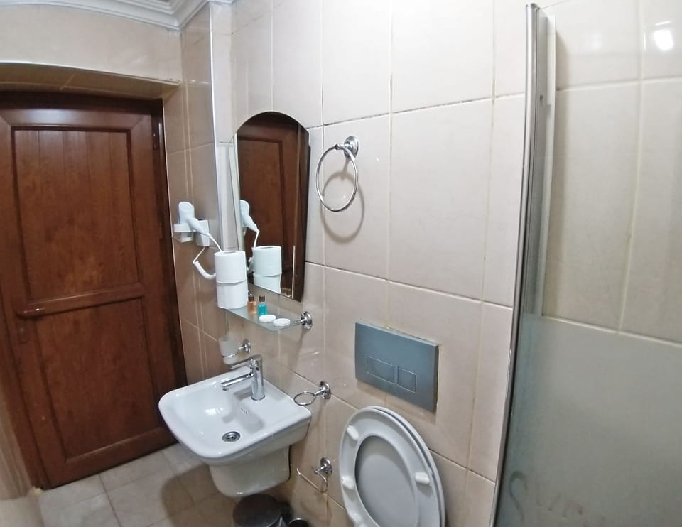 Shower, free toiletries, hair dryer, towels