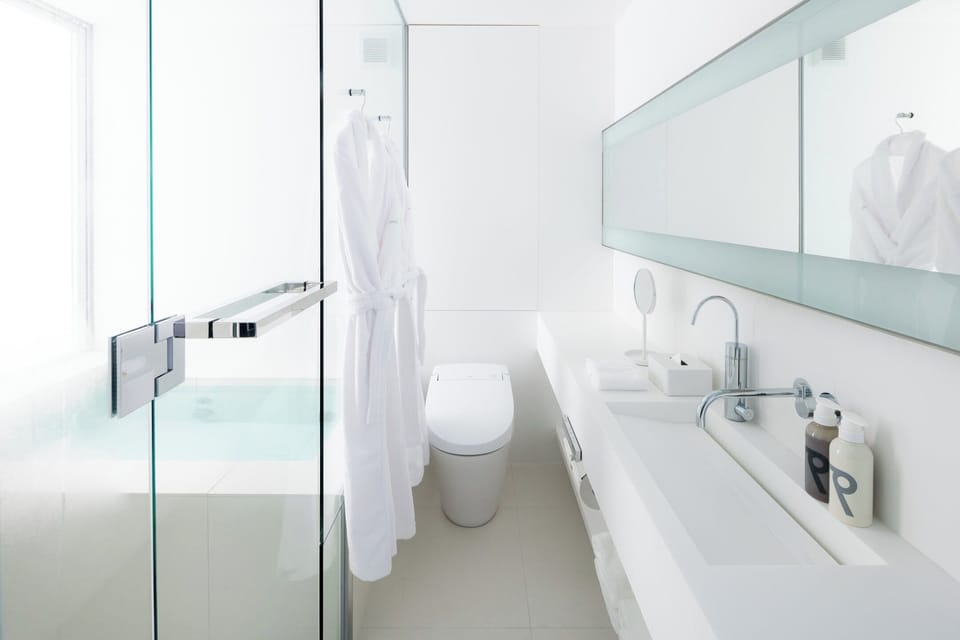 Combined shower/tub, free toiletries, hair dryer, bathrobes