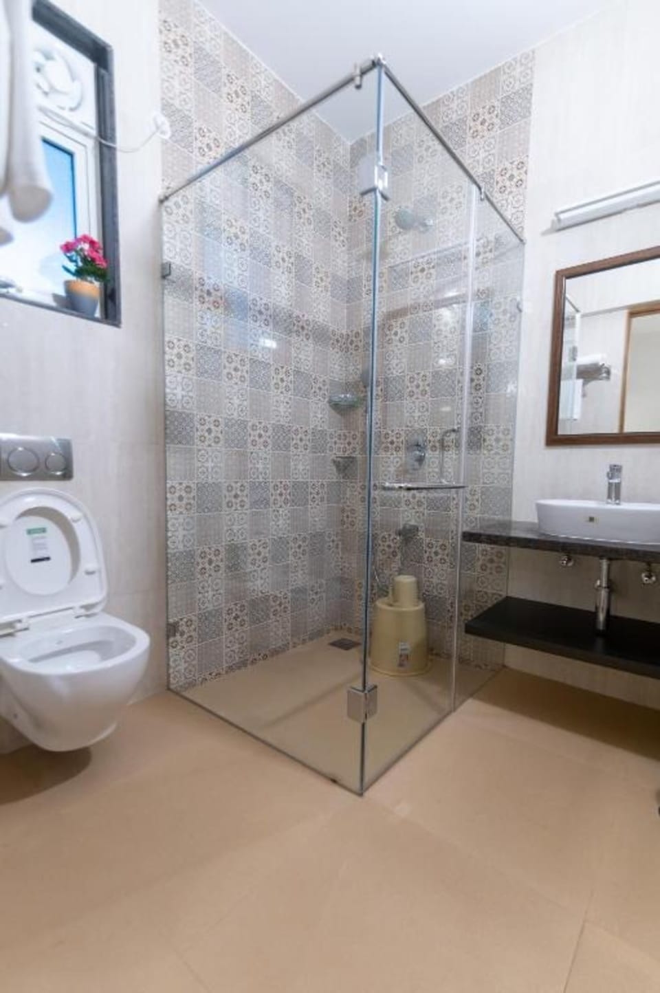 Rainfall showerhead, bathrobes, towels, soap