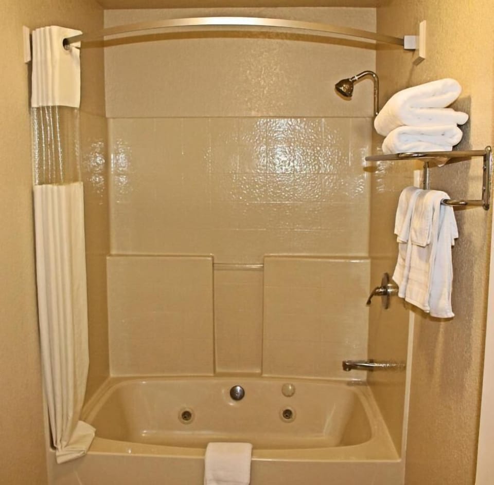 Combined shower/tub, free toiletries, hair dryer, towels