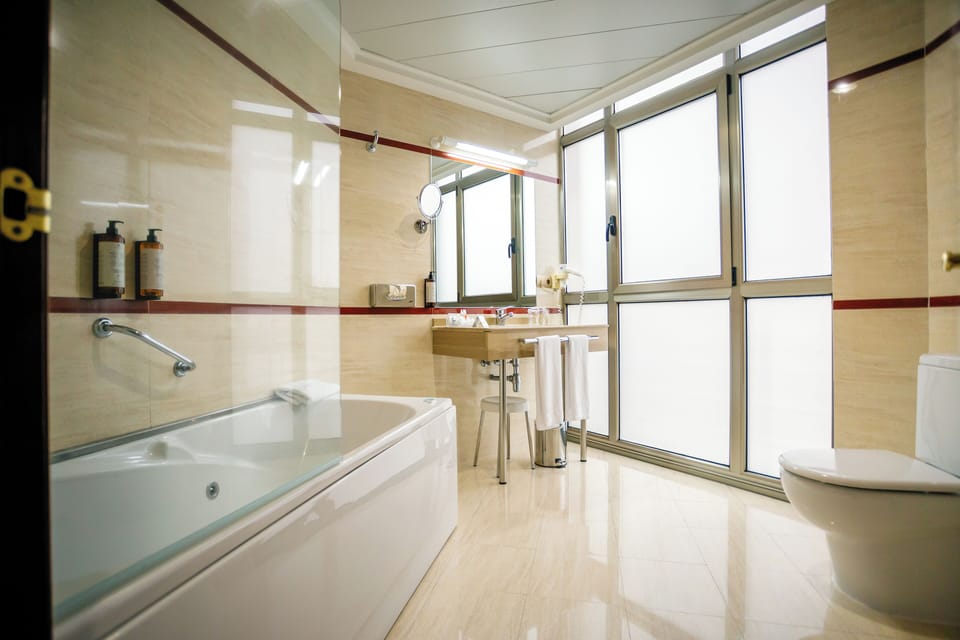 Free toiletries, hair dryer, bidet, towels