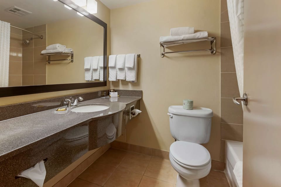 Combined shower/tub, free toiletries, hair dryer, towels