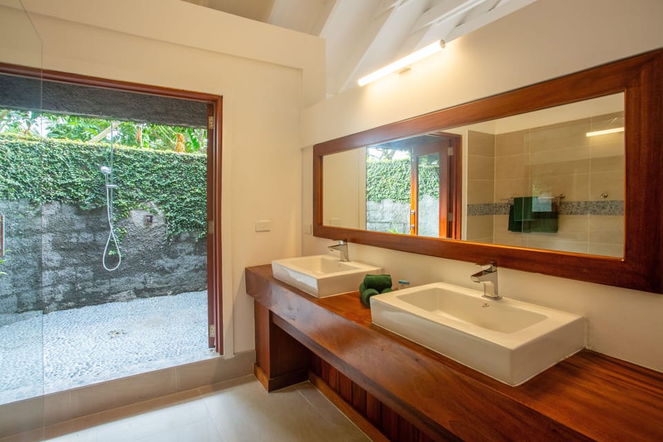 Shower, rainfall showerhead, hair dryer, bathrobes