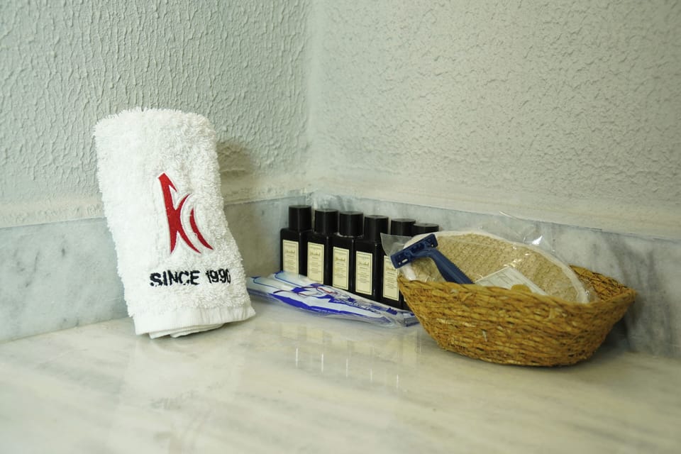 Shower, rainfall showerhead, hair dryer, bathrobes