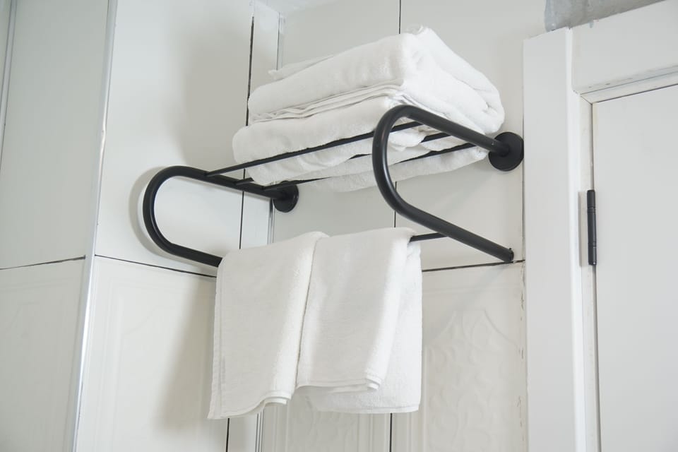 Shower, rainfall showerhead, hair dryer, bathrobes