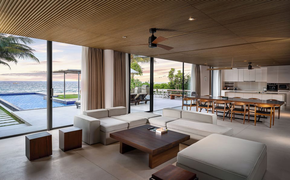 Beachfront Three-Bedroom Pool Villa (Spa Inclusive) | Living room | Flat-screen TV, first-run movies, pay movies