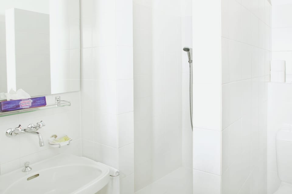 Shower, free toiletries, hair dryer, slippers