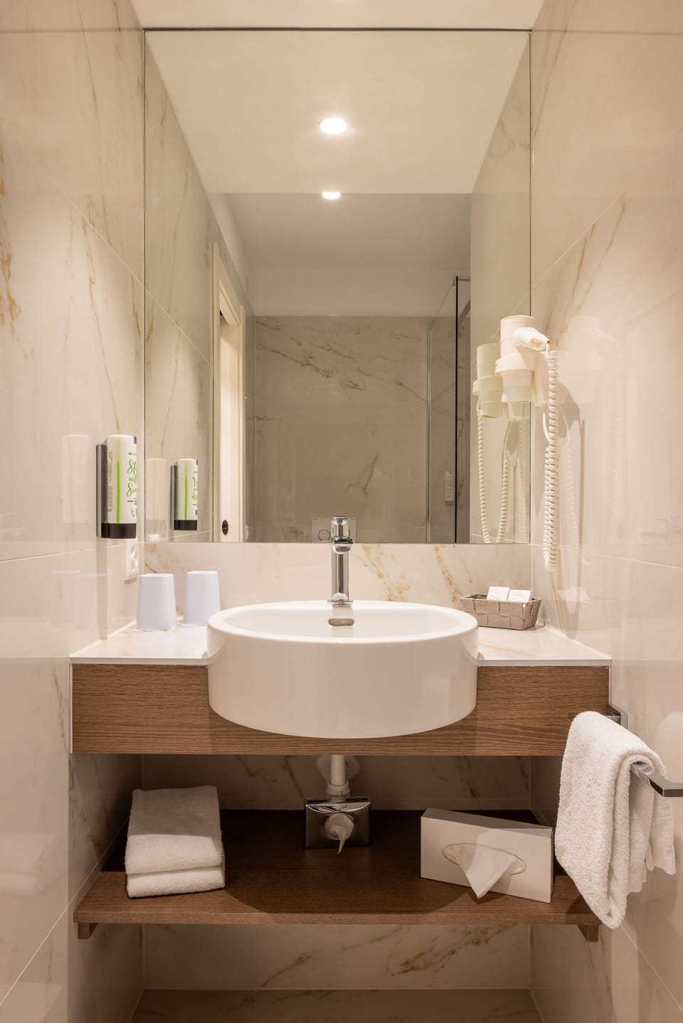 Eco-friendly toiletries, hair dryer, towels, soap