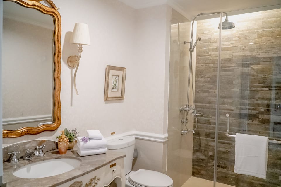 Shower, rainfall showerhead, free toiletries, hair dryer